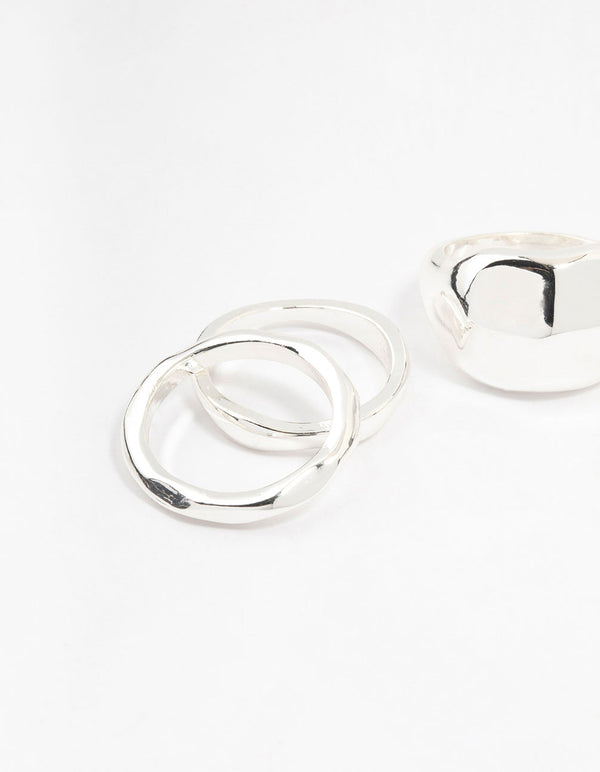 Silver Plated Bold Molten Rings 4-Pack