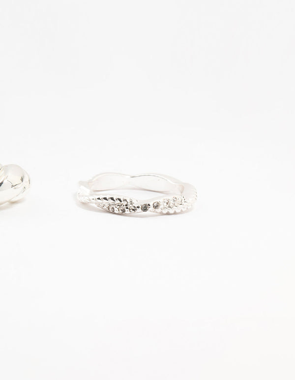 Beautifully crafted silver plated diamante twisted ring pack in stackable style side detail view