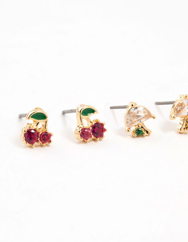 Gold Cubic Zirconia Mixed Fruit Stud Earrings 3-Pack