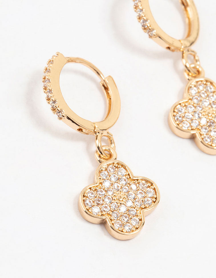 Gold Cubic Zirconia Clover Huggie Earrings