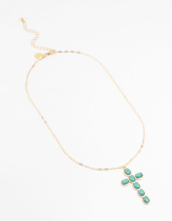 Gold Aqua Semi Precious Turquoise Cross Pendant Necklace