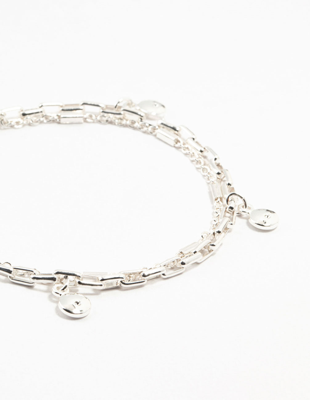 Silver Plated Brass Station Disk Double Charm Layered Bracelet