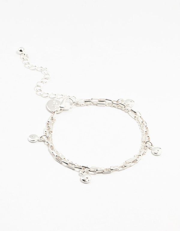 Silver Plated Brass Station Disk Double Charm Layered Bracelet