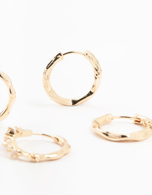 Gold Twisted & Cubic Zirconia Hoop Earrings 2-Pack