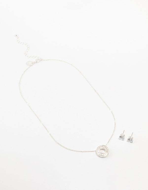 Silver Cubic Zirconia Donut Pendant Necklace & Earrings Set