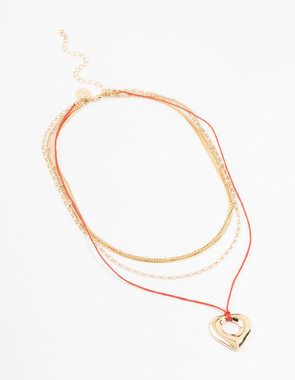 Gold & Red Cord Heart Multirow Necklace