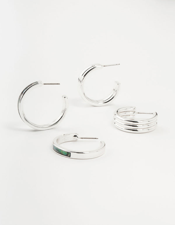 Silver Abalone Genuine Shell Hoop Earrings 2-Pack