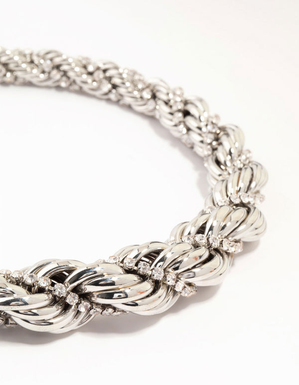 Silver Diamante Twisted Large Short Necklace