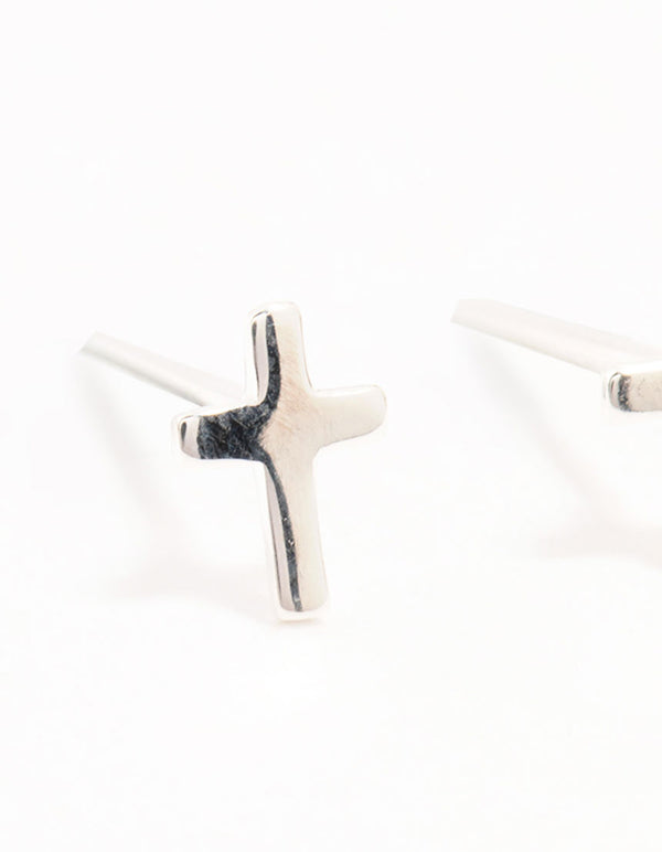 Sterling Silver Clean Cross Stud Earrings