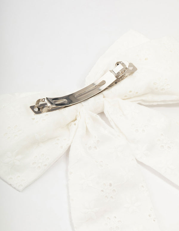 Large White Fabric Broderie Bow Clip