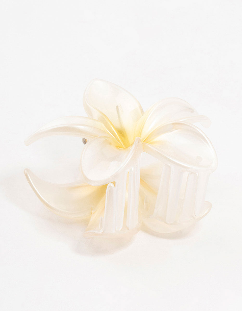 Beautifully crafted ombre plastic frangipani claw clip with floral design in white ivory yellow side view