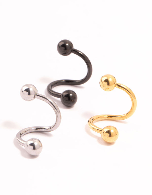 Gold, Black & Silver Surgical Steel Twisted Belly Bars 3-Pack