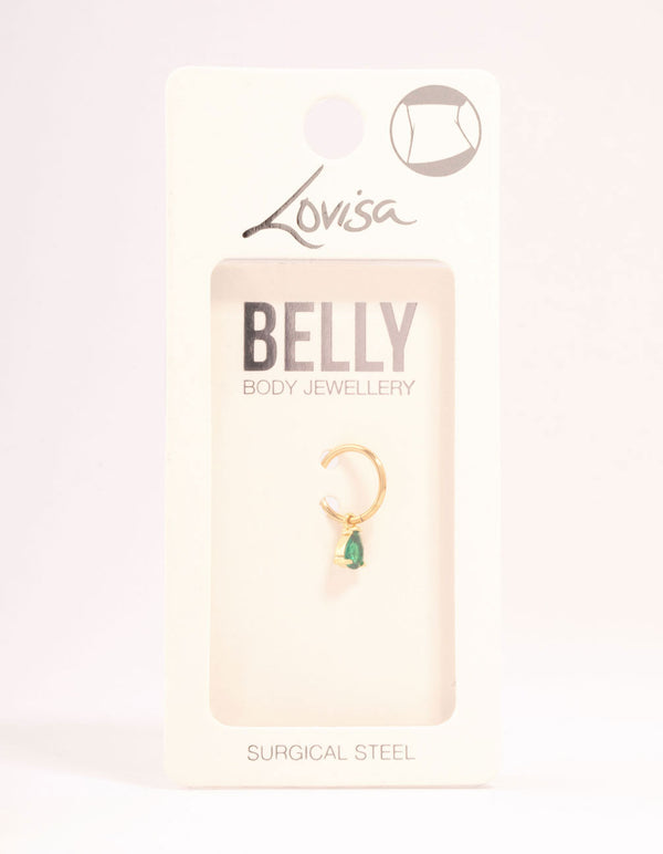 Gold Plated Surgical Steel Pear Green Diamante Drop Belly Bar