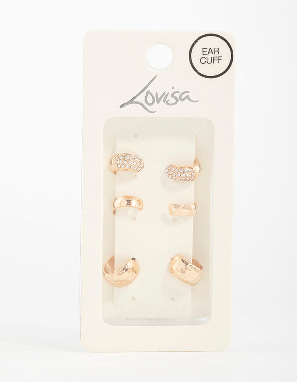 Gold Plated Chunky Pave Cubic Zirconia Ear Cuffs 6-Pack