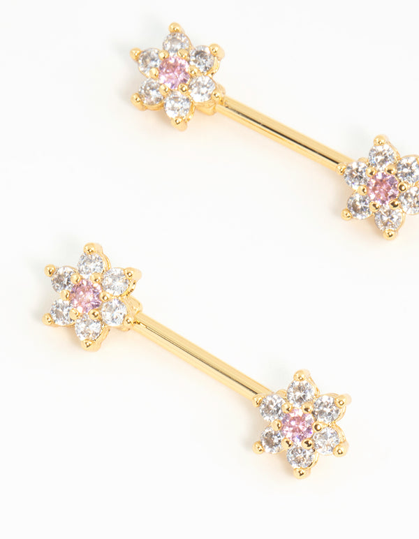 Gold Plated Surgical Steel Cubic Zirconia Flower Nipple Bars 2-Pack