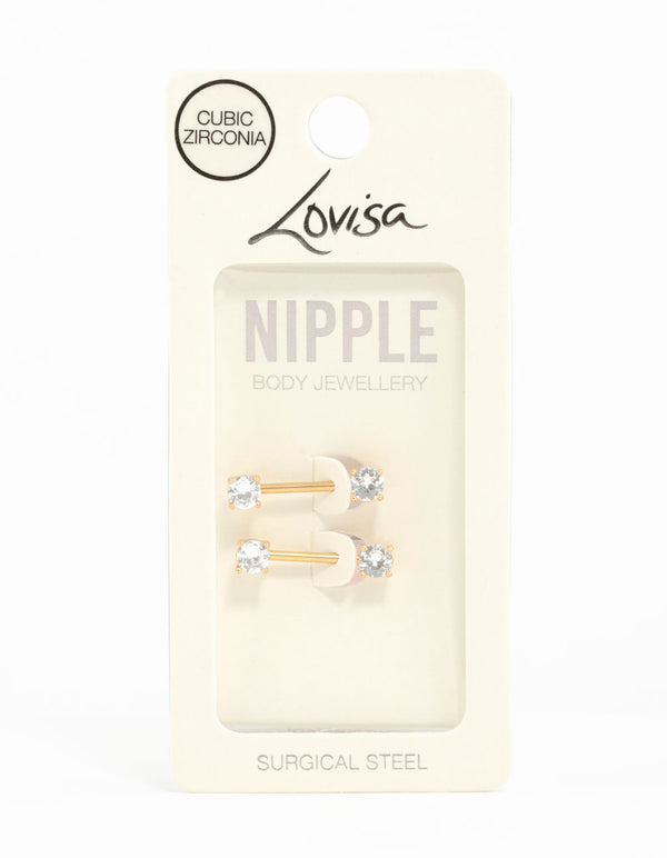 Gold Plated Surgical Steel Cubic Zirconia Nipple Bars 2-Pack