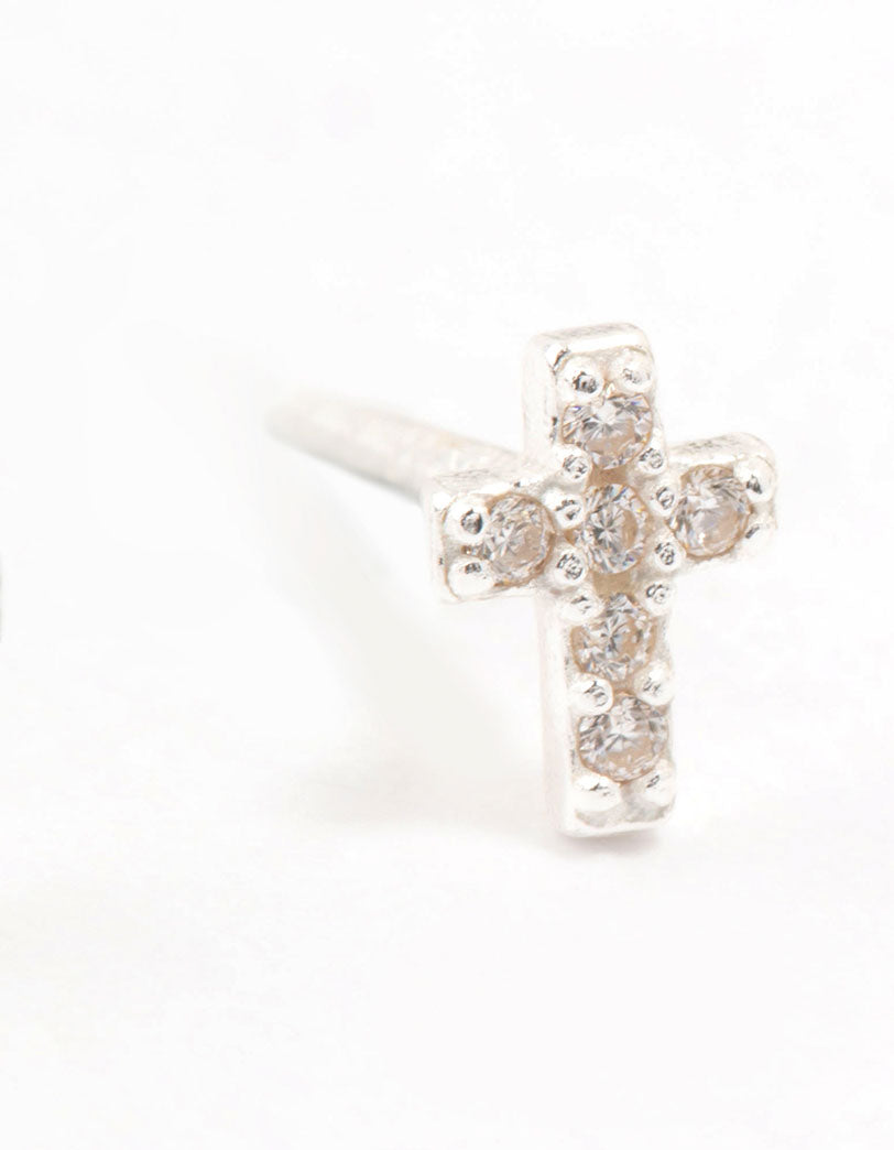 Cubic Zirconia Cross Sterling Silver Stud Earrings