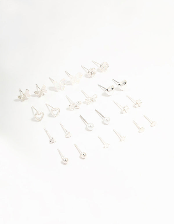 Silver Butterfly & Mixed Style Stud Earrings 12-Pack