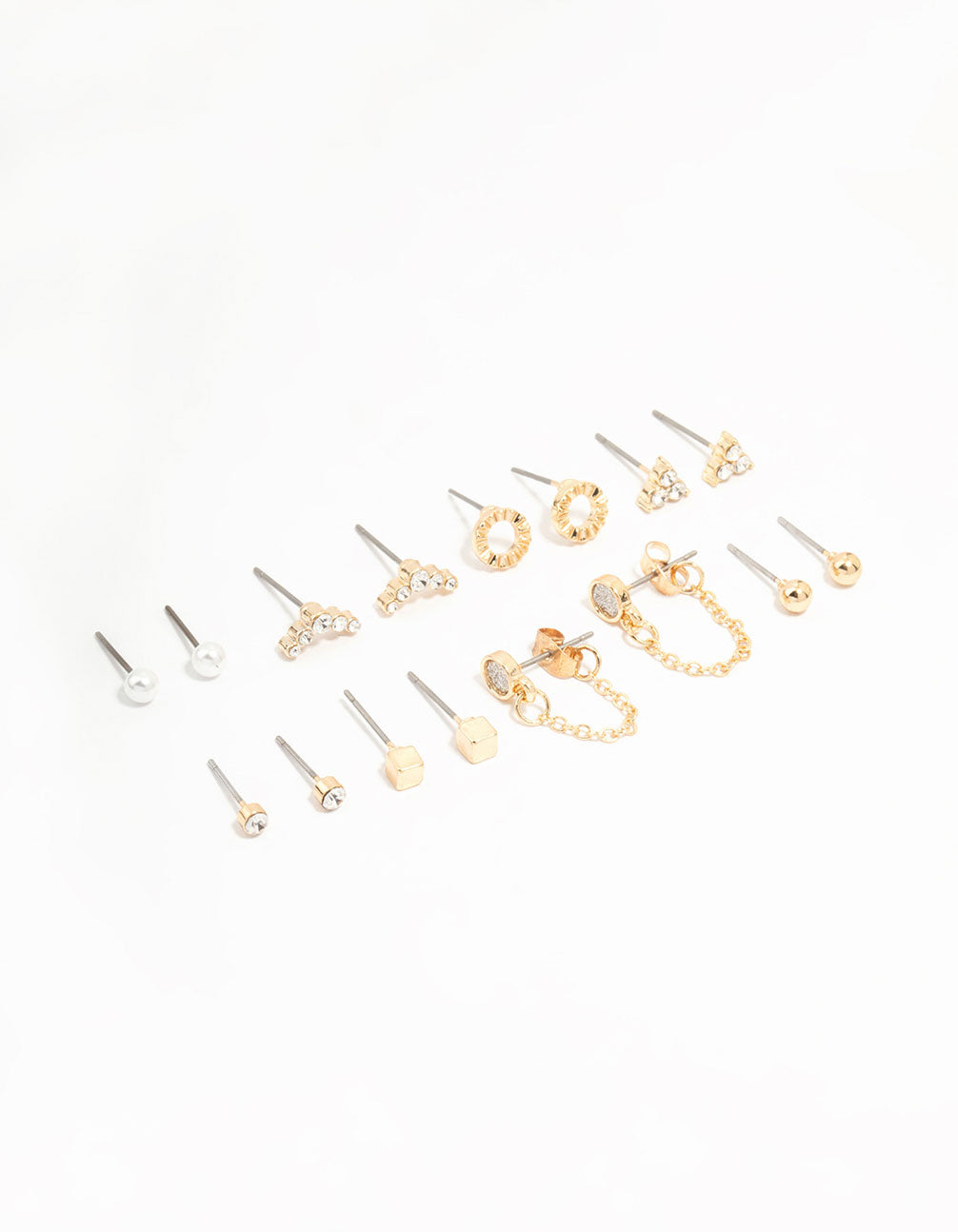 Gold Stud & Chain Diamante Earrings 8-Pack