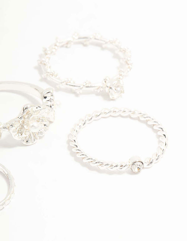 Silver Twisted, Sleek & Diamante Flower Style Rings 6-Pack