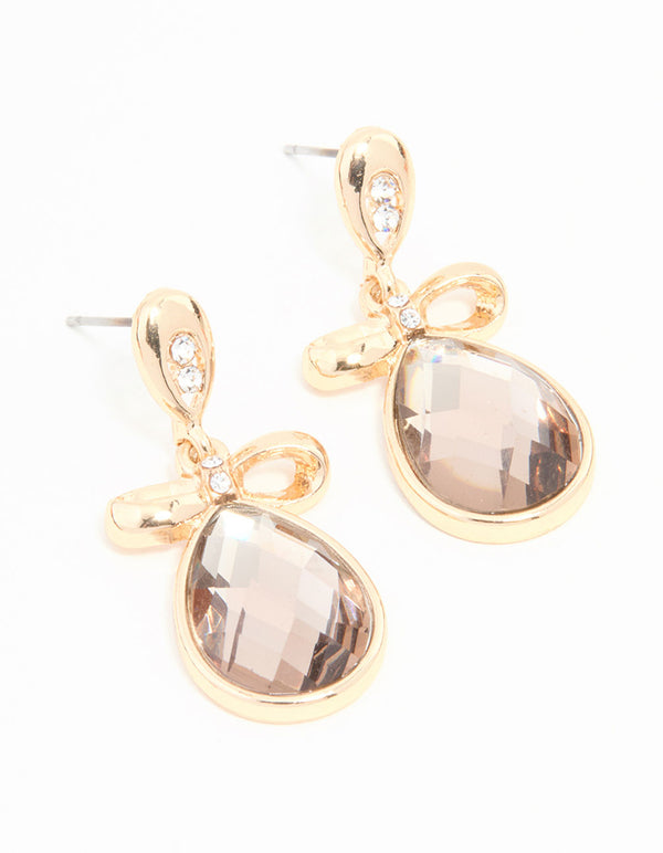 Dusty Pink Diamante & Bow Gold Earrings