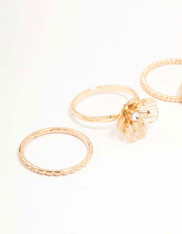 Gold Diamante Wire Flower Rings 3-Pack
