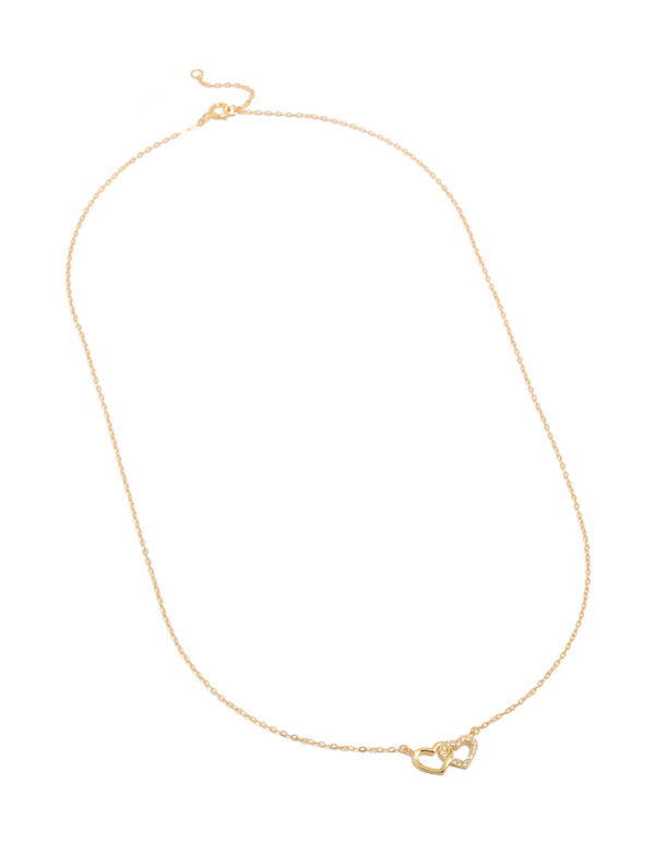 Featuring a gold plated sterling silver double heart cubic zirconia necklace front view