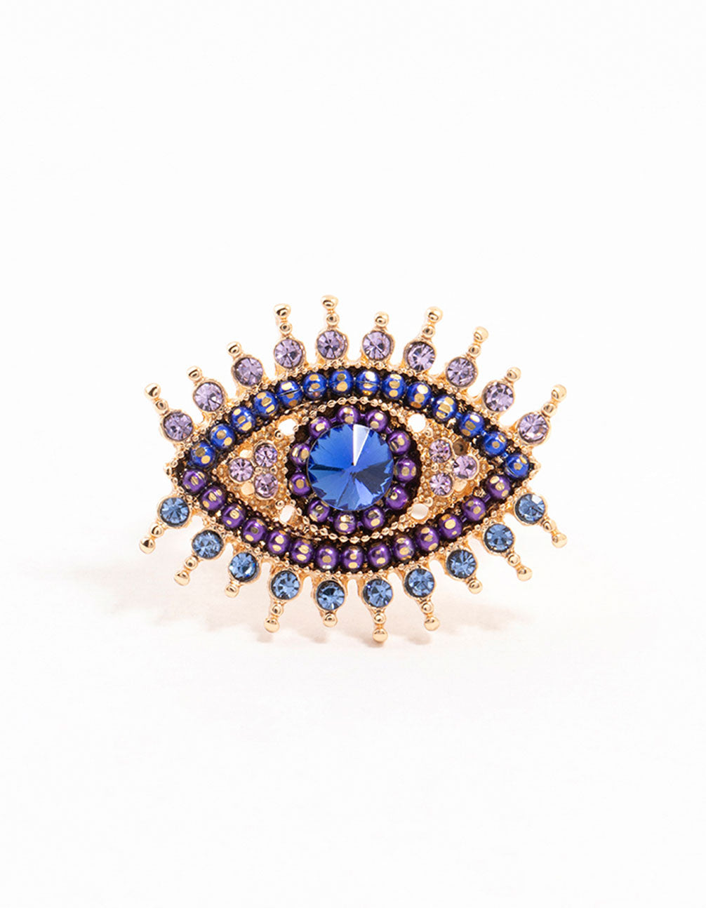 Stunning opulent evil eye ring crafted from gold featuring beads with royal blue, purple and light blue accents close up view