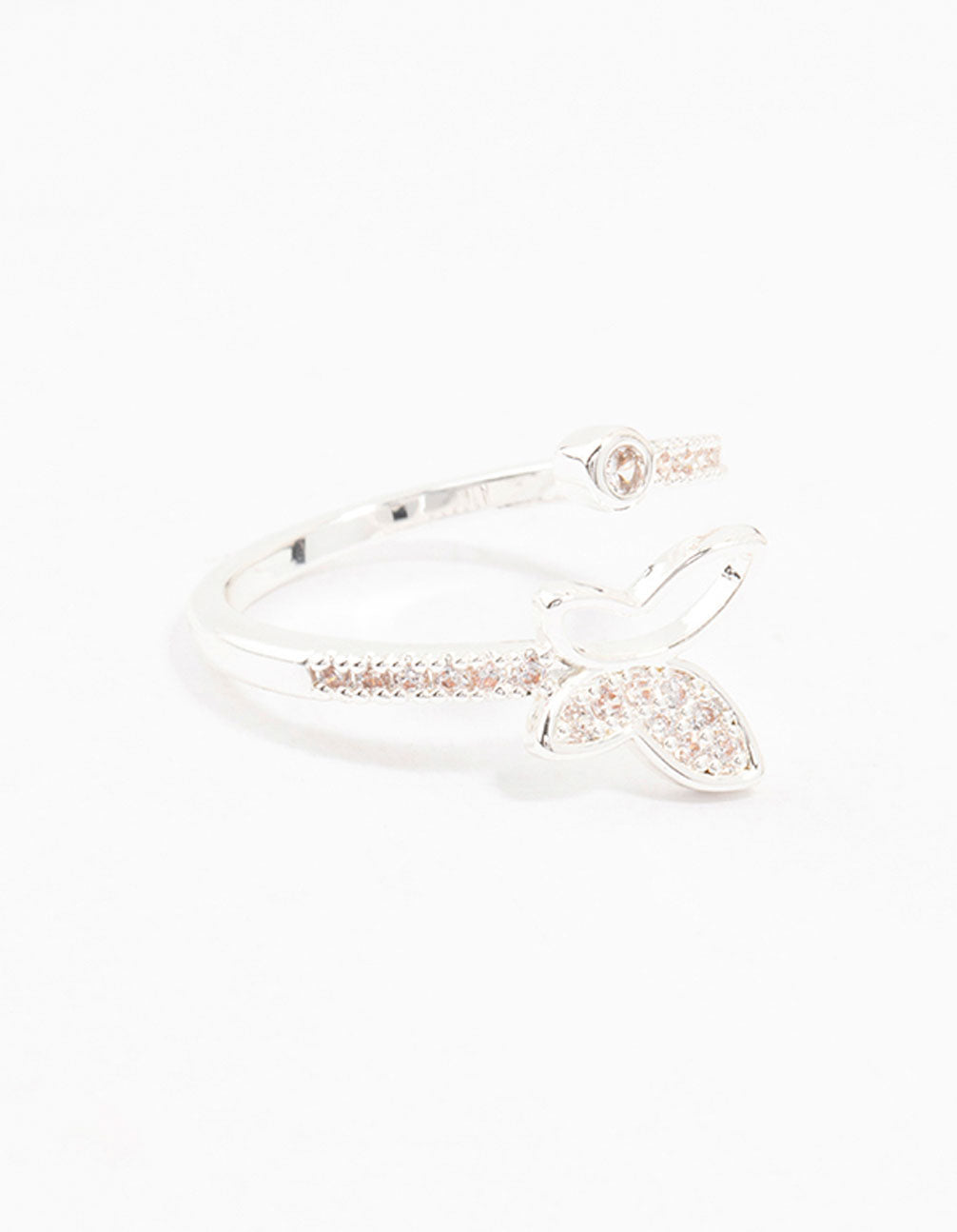 Showcasing a butterfly motif wrapped ring in silver plated metal featuring cubic zirconia embellishments front view