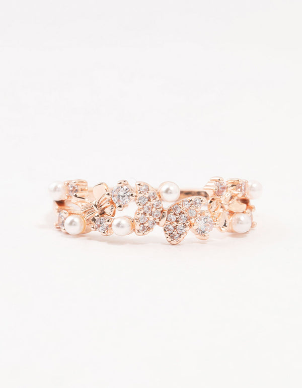 Rose Plated Gold Butterfly Pearl Band Ring