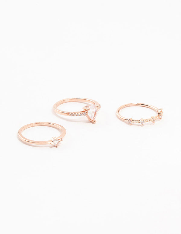 Elegant rose gold plated pear stacking rings in a 3-pack featuring delicate stone cut details front view