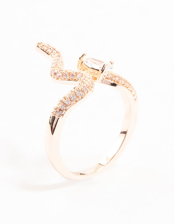 This animal motif statement ring features pave crystals in rose gold with snake design front view