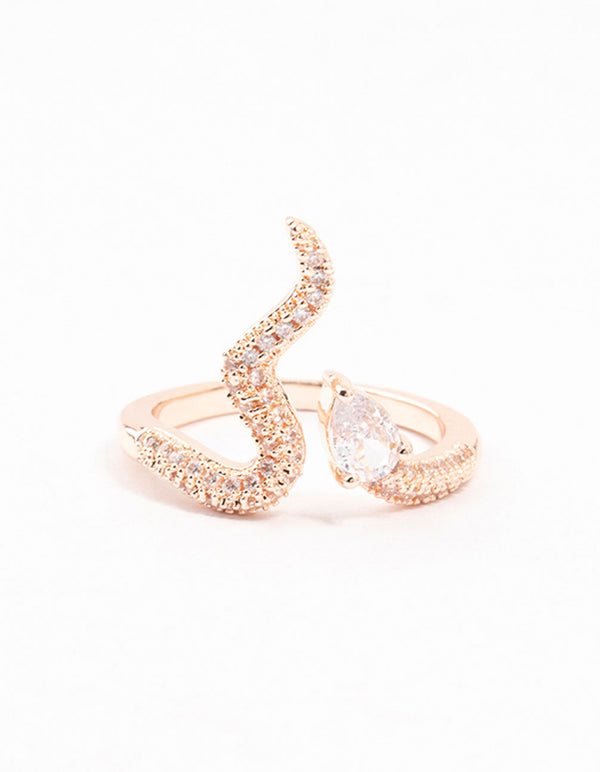 Elegant snake animal statement ring crafted in rose gold with pave crystal embellishments close up view