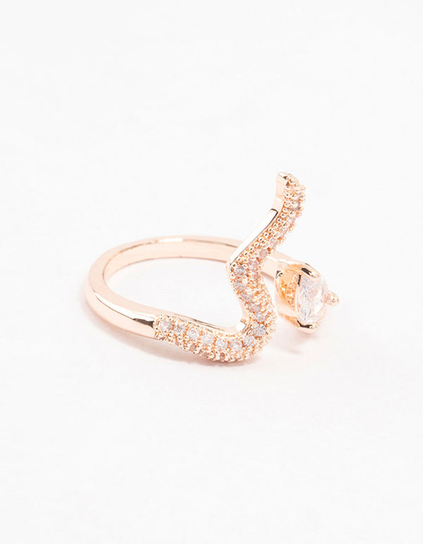 Showcasing a snake design statement ring in rose gold with pave crystal detailing side detail view