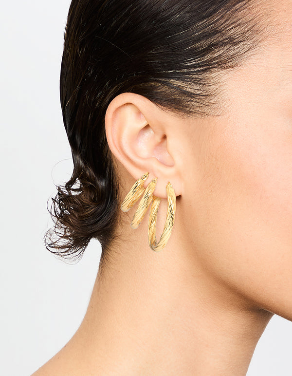 Waterproof Gold Plated Stainless Steel Twisted Hoop Earrings 3-Pack