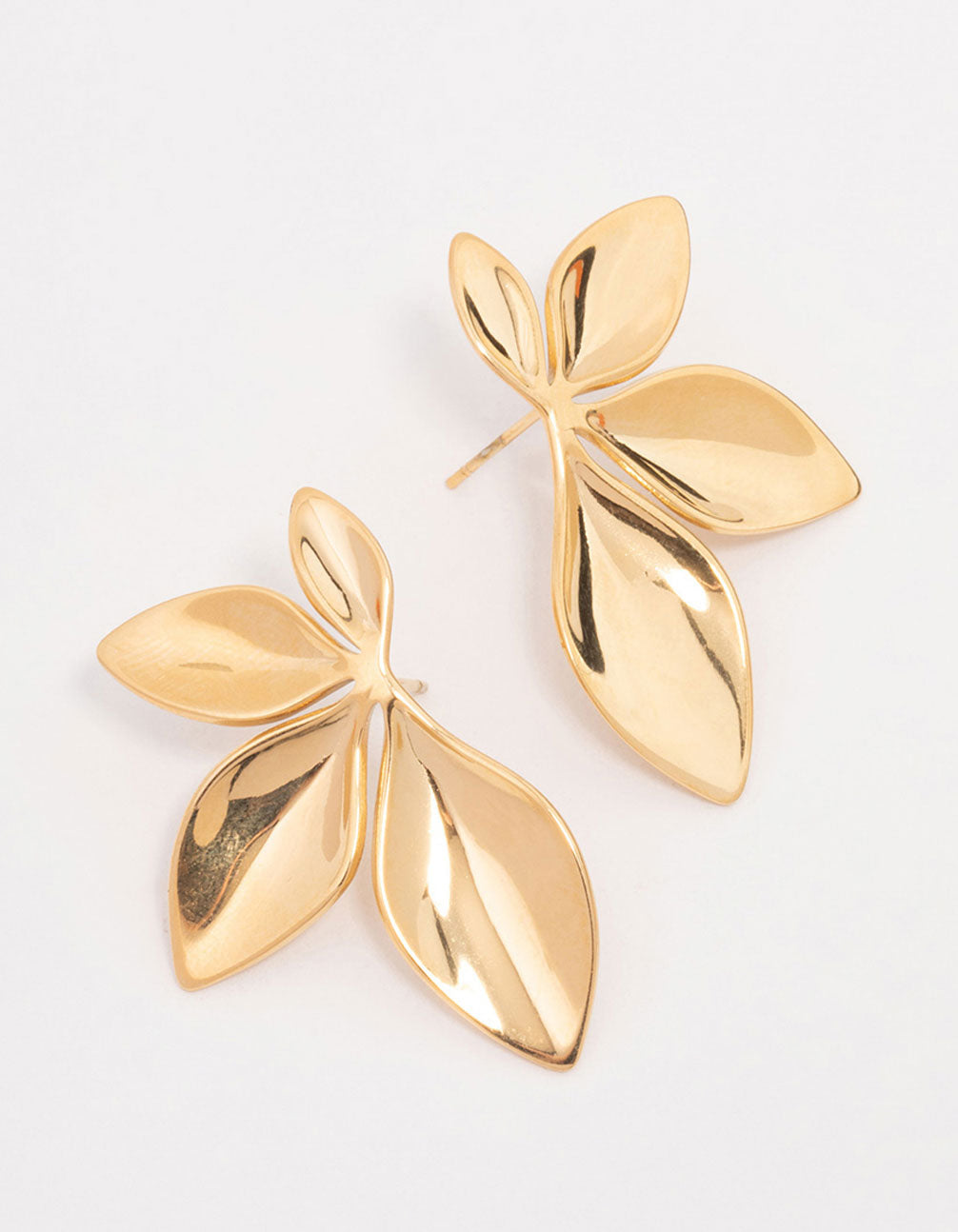 Stunning waterproof gold plated stainless steel leaf cluster stud earrings front view