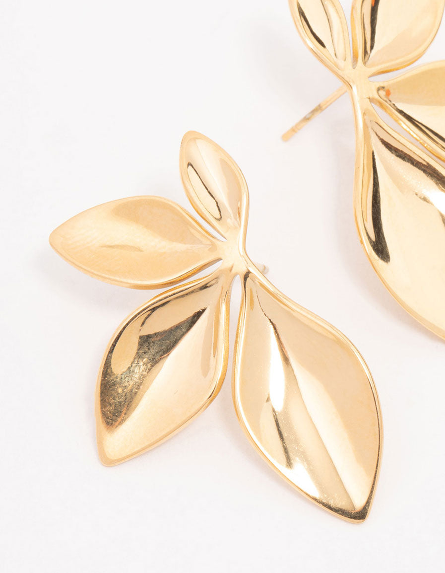 Elegant waterproof gold plated stainless steel leaf cluster stud earrings close up view
