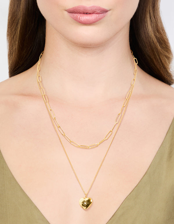 Waterproof Gold Plated Stainless Steel Heart Layered Pendant Necklace