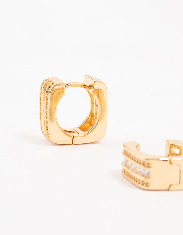 Gold Plated Trio Pave Set Diamante Square Hoop Earrings