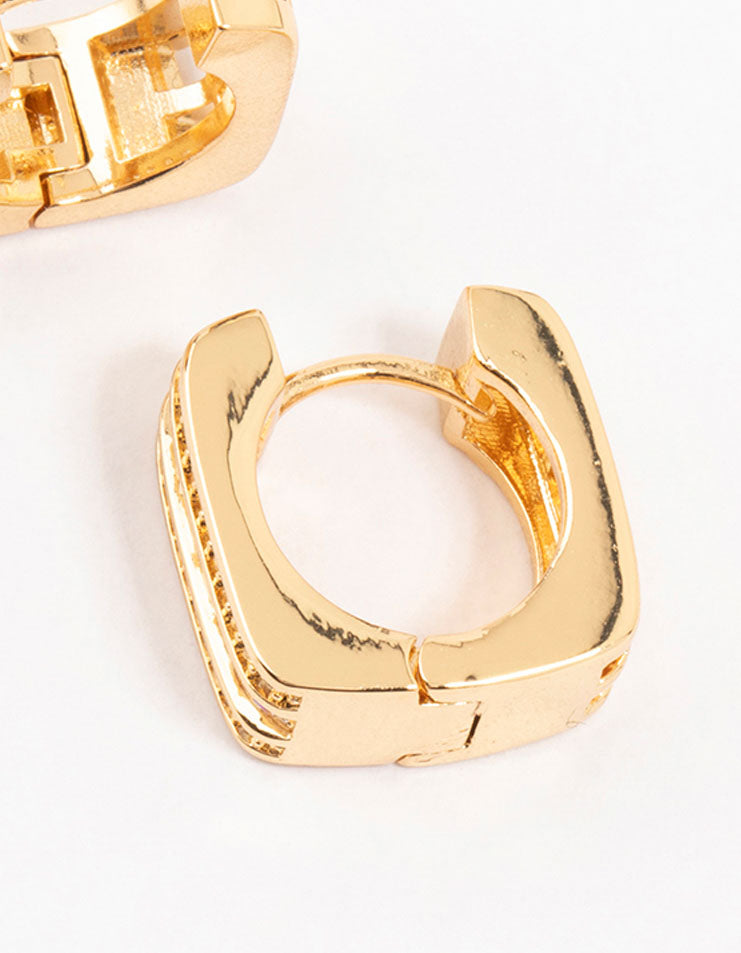 Gold Plated Trio Pave Set Diamante Square Hoop Earrings