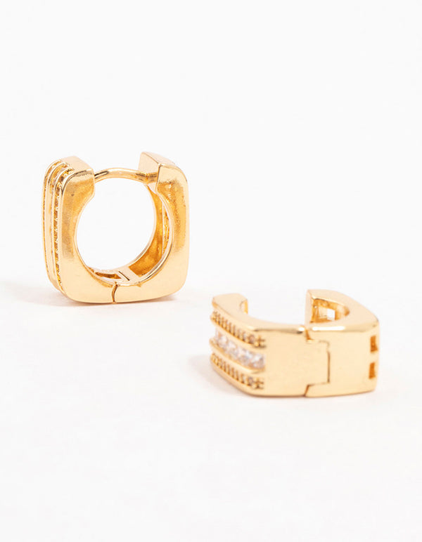 Gold Plated Trio Pave Set Diamante Square Hoop Earrings
