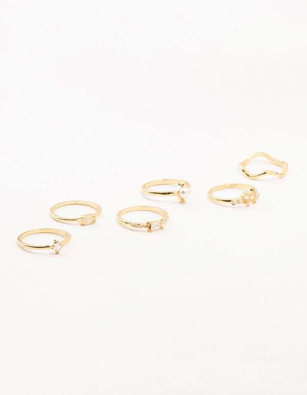 Showcasing gold plated pearl cluster rings in a 6-pack featuring clear accents front view
