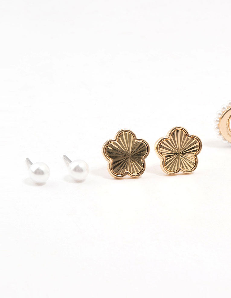 Gold Plated Pearl & Flower Earrings 4-Pack