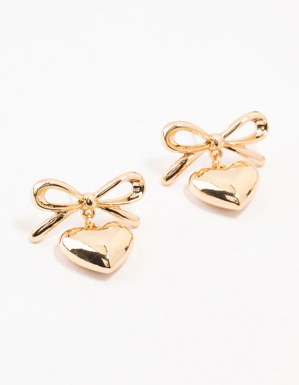 Gold Bow & Puffy Heart Drop Earrings