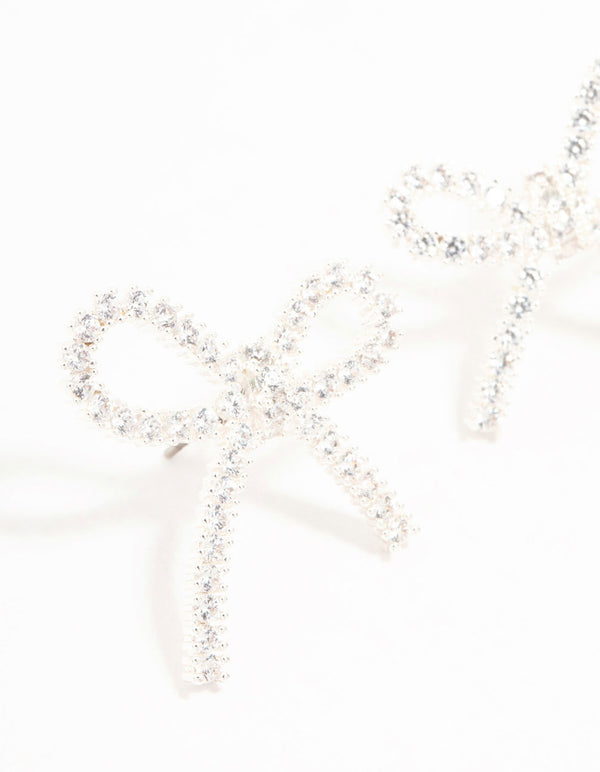 Silver Plated Pave Cubic Zirconia Bow Earrings