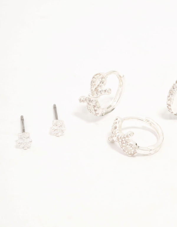 Silver Plated Pave Set Cubic Zirconia Bow Huggie & Stud Earrings 3-Pack