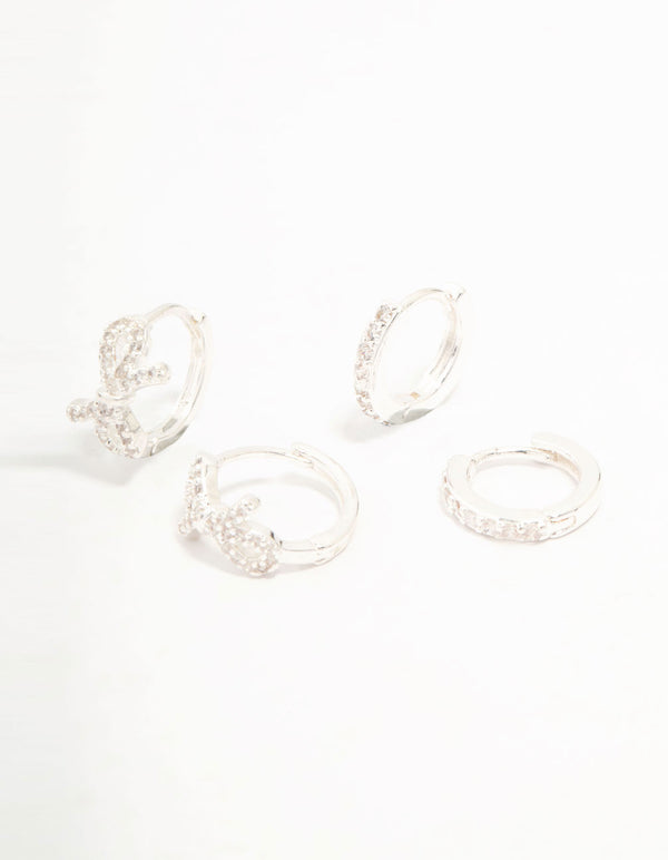 Silver Plated Pave Set Cubic Zirconia Bow Huggie & Stud Earrings 3-Pack