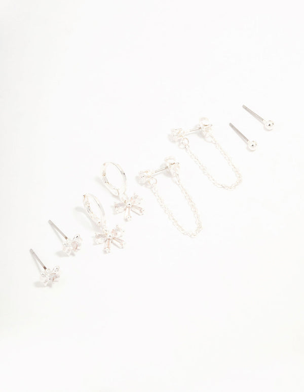 Silver Plated Bow Cubic Zirconia Chain & Stud Earrings 4-Pack