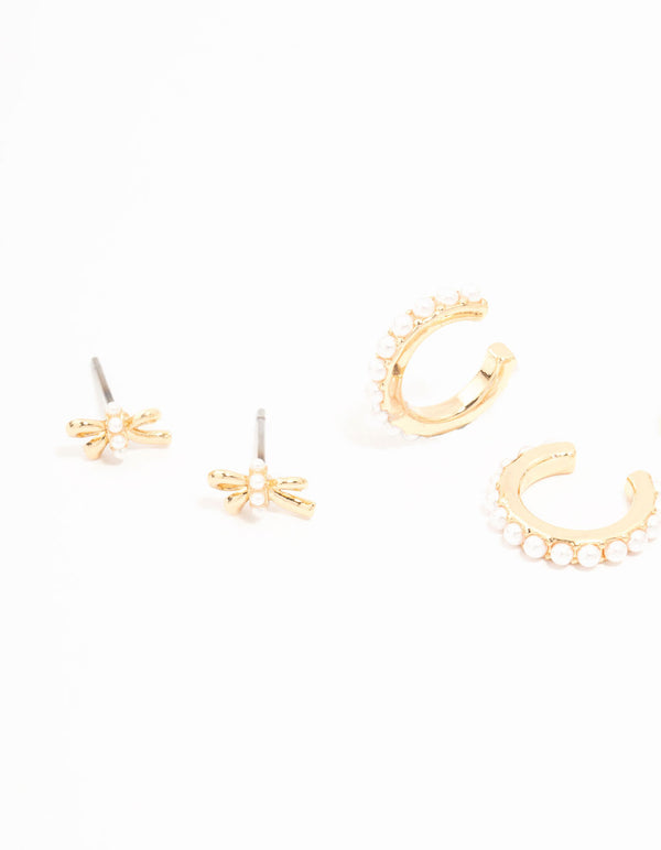 Gold Plated Brass Bow, Freshwater Pearl Cuff & Cubic Zirconia Cup Chain Earrings 3-Pack