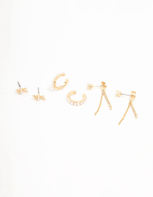 Gold Plated Brass Bow, Freshwater Pearl Cuff & Cubic Zirconia Cup Chain Earrings 3-Pack